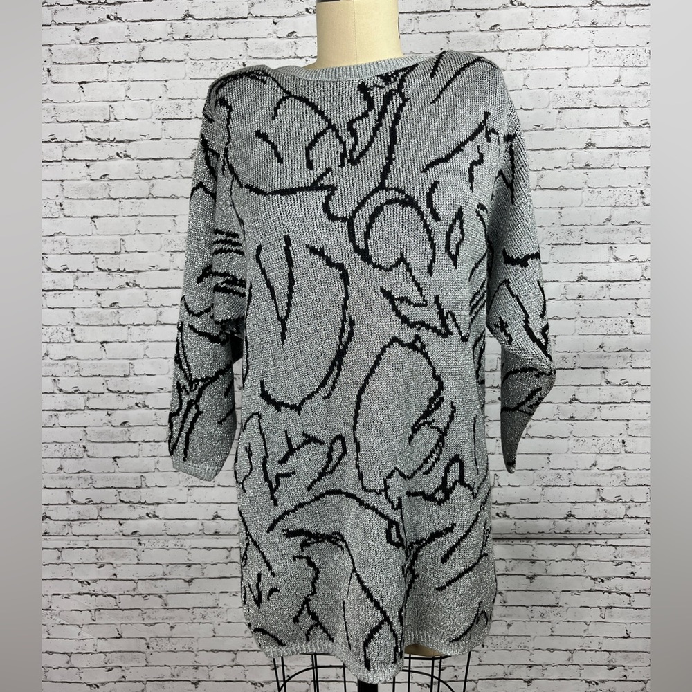 Vintage Metallic Top 90’s Silver Sweater/Tunic, with abstract design size: L